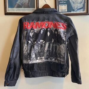 Rare Ramones Black Denim Distressed Jacket Vintage Distressed Look